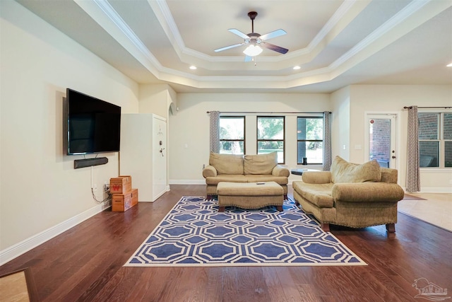 living room with ceiling fan, a raised ceiling, dark hardwood / wood-style floors, and crown molding