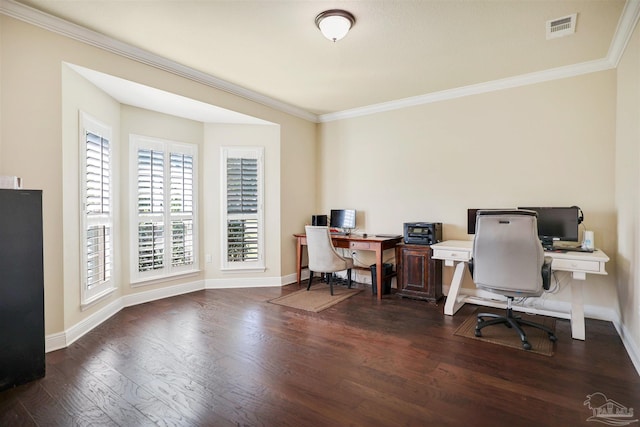 office area featuring dark hardwood / wood-style floors and crown molding