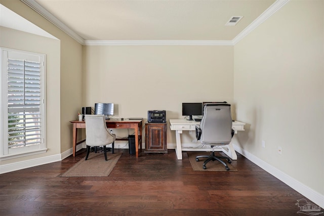 office featuring crown molding and dark wood-type flooring