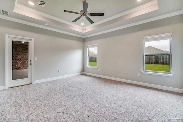 carpeted empty room with a raised ceiling, crown molding, and a wealth of natural light