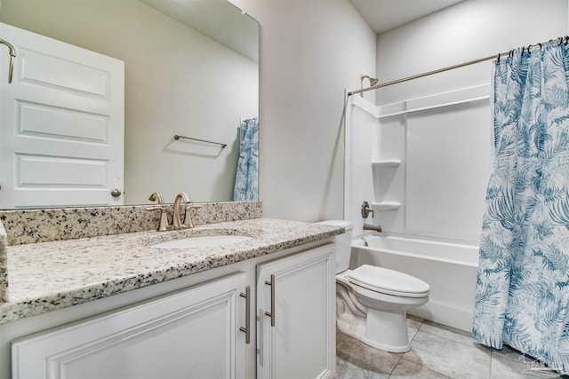 full bathroom with vanity, tile patterned flooring, toilet, and shower / bath combo with shower curtain