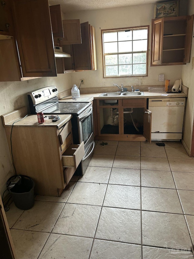 kitchen with stainless steel electric range oven, sink, white dishwasher, extractor fan, and a textured ceiling