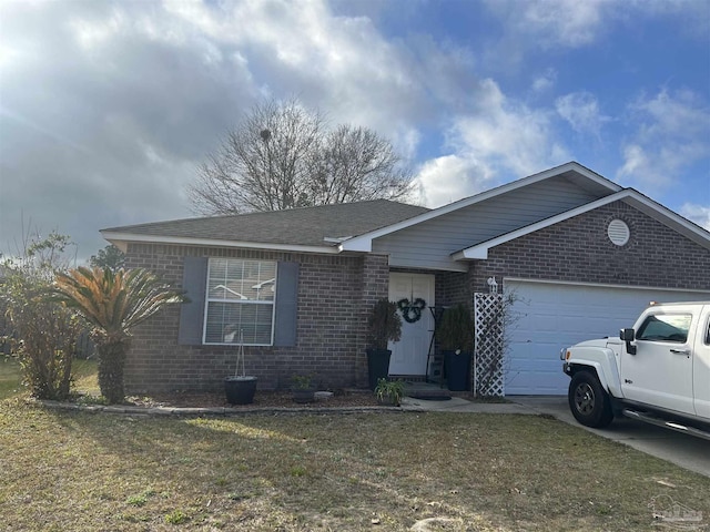 ranch-style home with a garage and a front yard