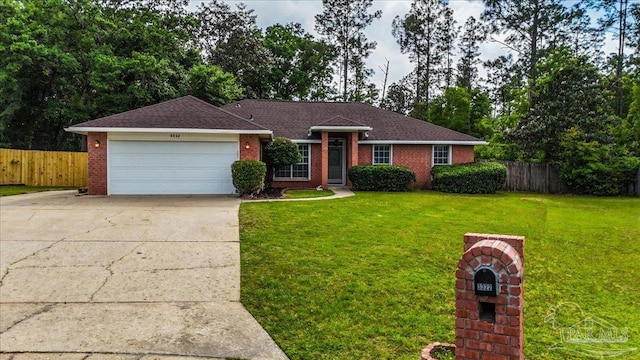 ranch-style house with concrete driveway, an attached garage, fence, and brick siding