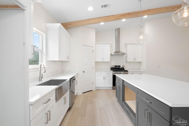 kitchen featuring wall chimney range hood, stainless steel appliances, hanging light fixtures, and white cabinets