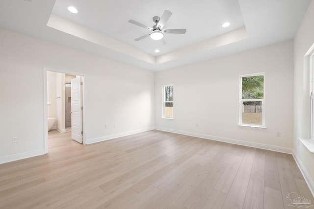 spare room with plenty of natural light, a raised ceiling, and light hardwood / wood-style floors