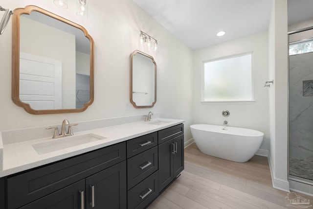 bathroom featuring vanity, independent shower and bath, and hardwood / wood-style floors