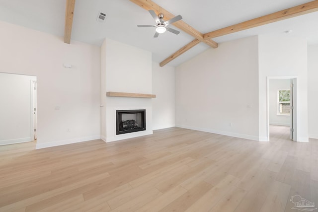 unfurnished living room featuring ceiling fan, light hardwood / wood-style flooring, high vaulted ceiling, and beamed ceiling