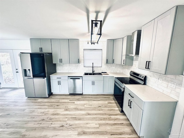 kitchen featuring a sink, light countertops, appliances with stainless steel finishes, wall chimney range hood, and backsplash