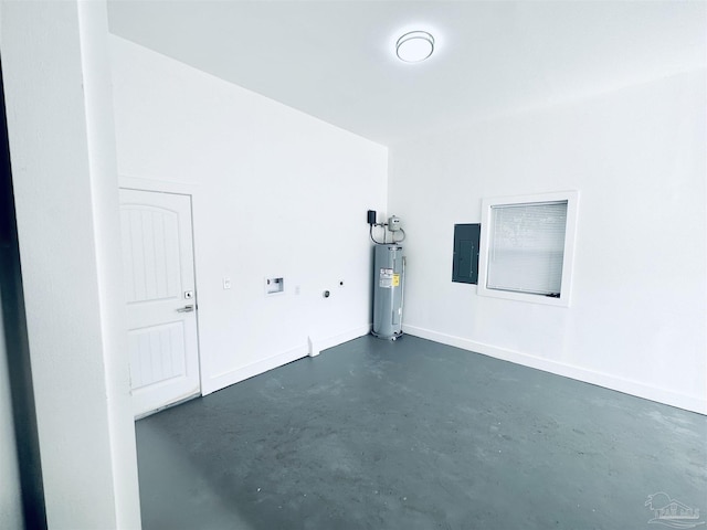 interior space featuring electric panel, baseboards, and electric water heater