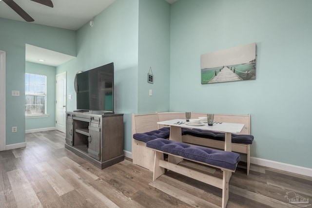 interior space featuring wood finished floors, a ceiling fan, and baseboards