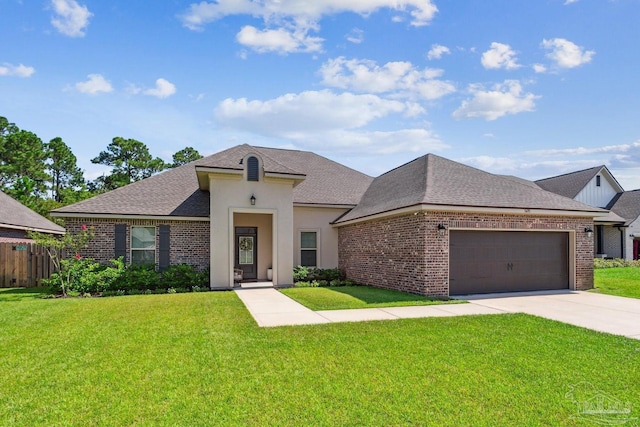 view of front of property featuring a garage, fence, a front yard, brick siding, and driveway
