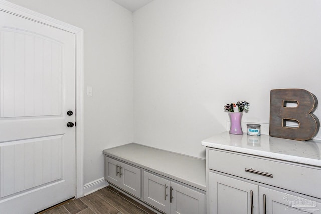 mudroom with dark wood finished floors