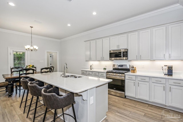 kitchen with ornamental molding, light wood-type flooring, a chandelier, a sink, and stainless steel appliances