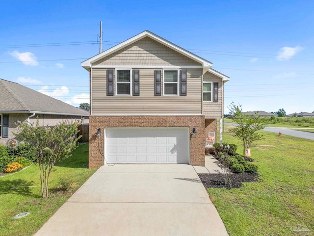 view of front of home featuring concrete driveway, a front lawn, an attached garage, and brick siding