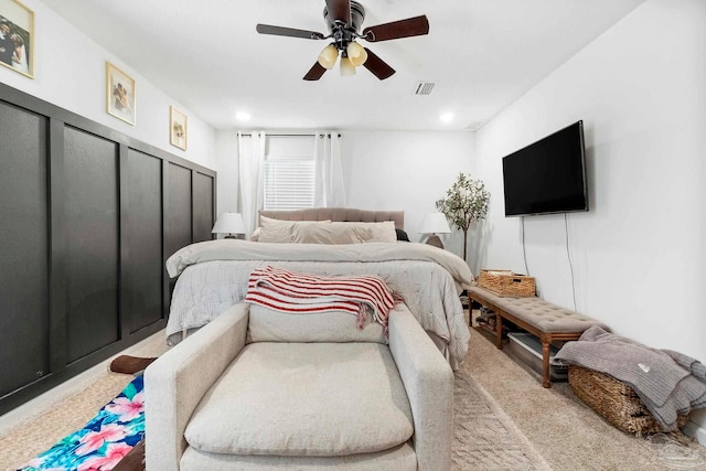 carpeted bedroom with recessed lighting, visible vents, and ceiling fan