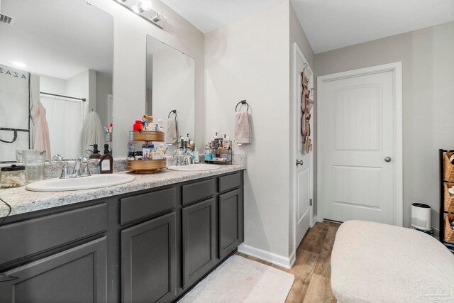 bathroom featuring hardwood / wood-style flooring and dual bowl vanity