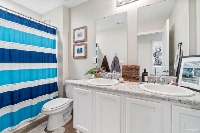 bathroom featuring toilet, wood-type flooring, and dual bowl vanity