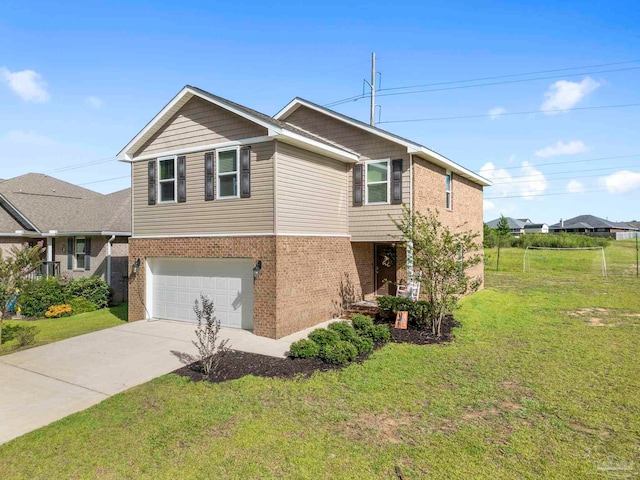 view of front of house with an attached garage, brick siding, driveway, and a front lawn