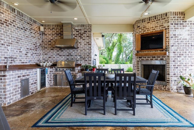 2 Bayou Blvd, Pensacola, FL 32503 - view of patio / terrace with an outdoor kitchen, a sink, an outdoor brick fireplace, and ceiling fan