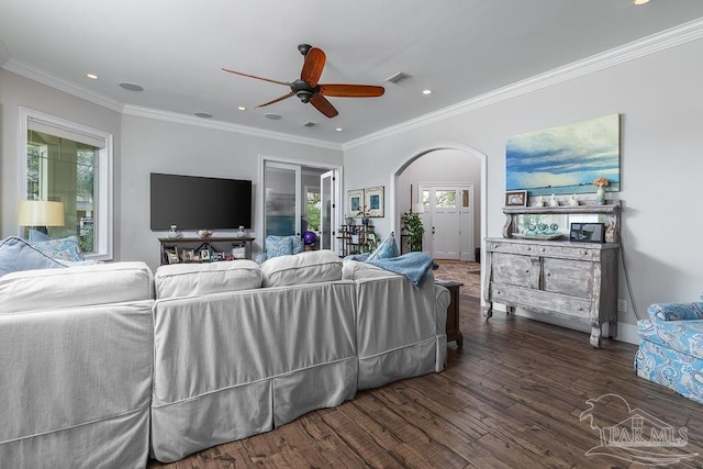 2 Bayou Blvd, Pensacola, FL 32503 - bedroom with visible vents, ornamental molding, wood finished floors, recessed lighting, and arched walkways