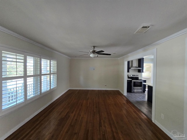 unfurnished living room featuring dark wood-type flooring, ceiling fan, and crown molding