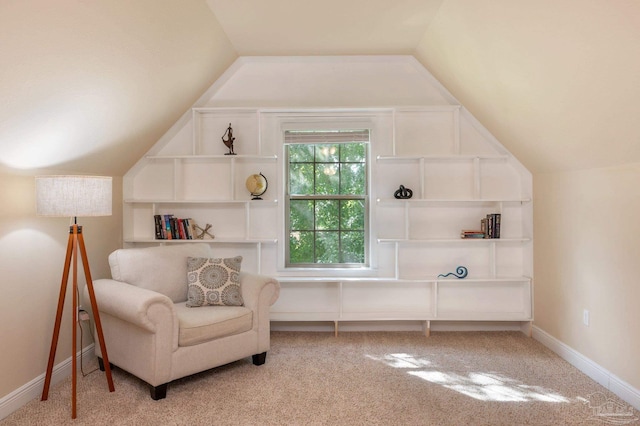 sitting room with lofted ceiling and carpet floors