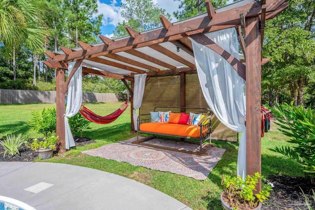 view of patio with an outdoor living space and a pergola