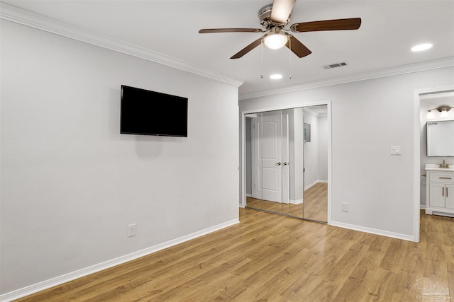 3108 Station Ct, Pensacola, FL 32504 - unfurnished bedroom featuring crown molding, light wood-type flooring, recessed lighting, a closet, and ceiling fan