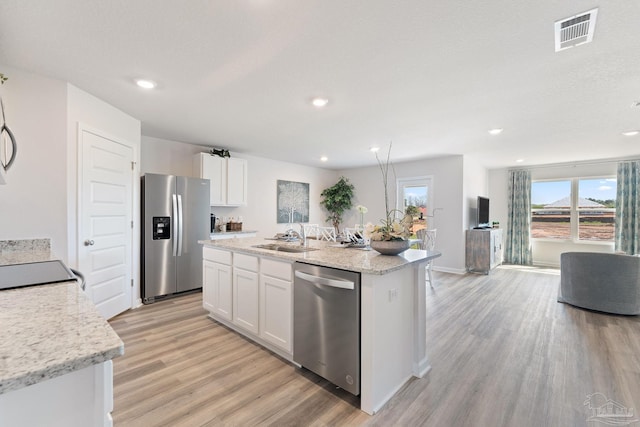 kitchen featuring visible vents, a center island with sink, appliances with stainless steel finishes, white cabinets, and a sink