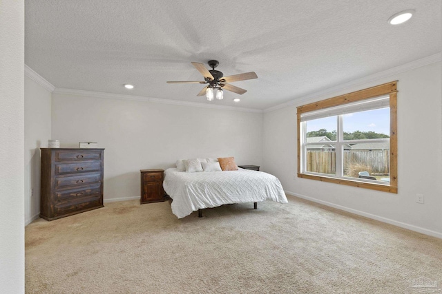 bedroom featuring light carpet, ceiling fan, and ornamental molding