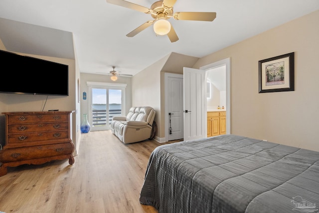 bedroom with light wood-type flooring, access to outside, baseboards, and ceiling fan