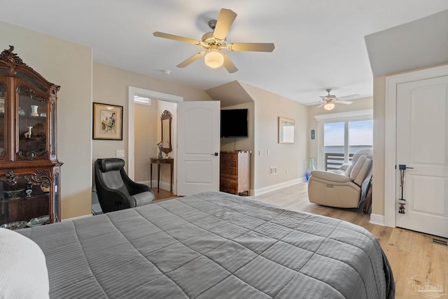 bedroom with light wood-style floors, access to exterior, baseboards, and a ceiling fan