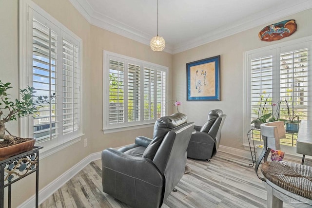 office with ornamental molding, baseboards, and wood finished floors