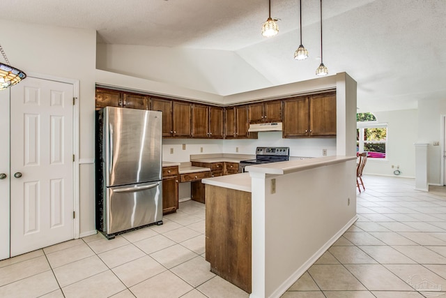 kitchen featuring pendant lighting, stainless steel appliances, kitchen peninsula, vaulted ceiling, and light tile patterned floors