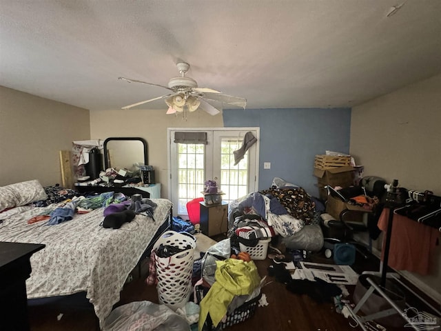 bedroom featuring access to outside, ceiling fan, and hardwood / wood-style flooring