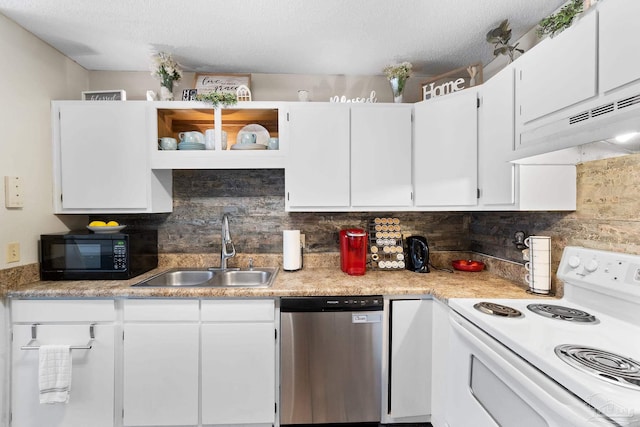 4701 Kitty Hawk Cir, Gulf Breeze, FL 32563 - kitchen with stainless steel dishwasher, electric range, black microwave, a sink, and white cabinets