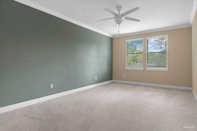 carpeted spare room featuring ceiling fan, crown molding, and a textured ceiling