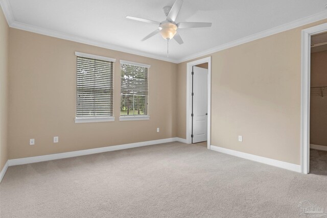 carpeted spare room with ceiling fan and ornamental molding