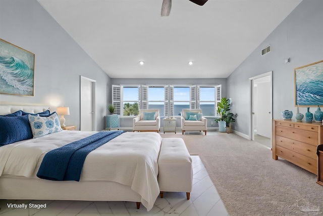 2950 Coral Strip Pkwy, Gulf Breeze, FL 32563 - bedroom with light carpet, baseboards, ceiling fan, recessed lighting, and a water view