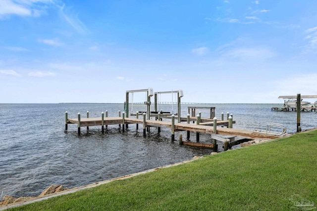 2950 Coral Strip Pkwy, Gulf Breeze, FL 32563 - dock area with a water view, boat lift, and a lawn