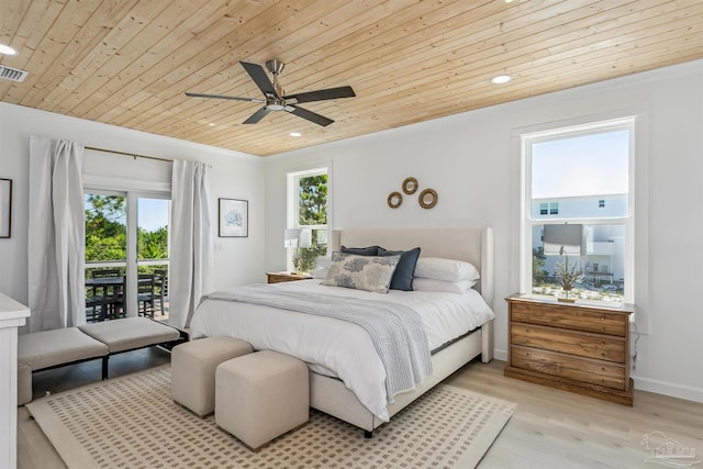 bedroom with wood ceiling, light wood-type flooring, multiple windows, and access to outside