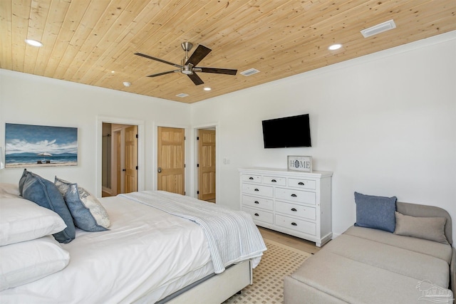 bedroom with ceiling fan, light hardwood / wood-style flooring, and wooden ceiling