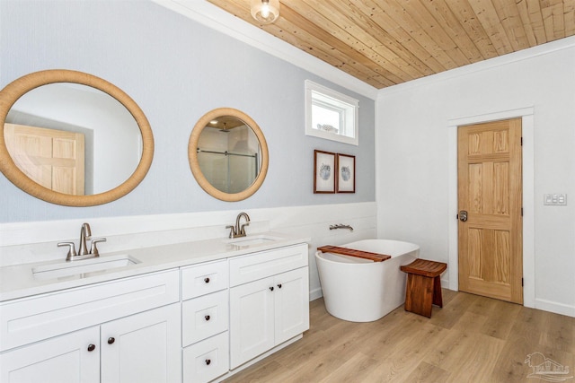 bathroom with a bathing tub, hardwood / wood-style floors, vanity, wood ceiling, and crown molding