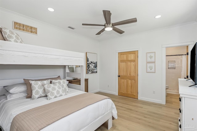 bedroom with ceiling fan, ornamental molding, and light hardwood / wood-style floors