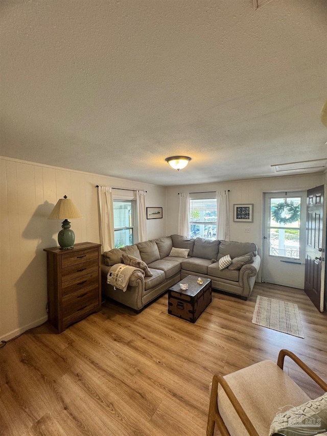 living room with light hardwood / wood-style floors and a textured ceiling