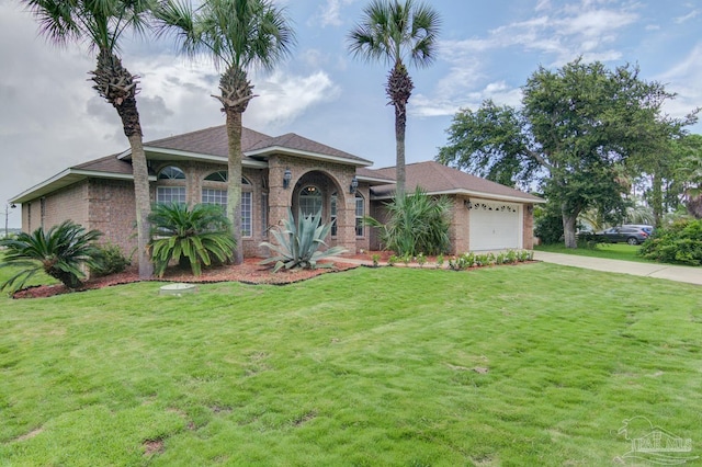 ranch-style house featuring a front yard and a garage