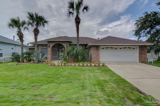 ranch-style home featuring a garage and a front lawn