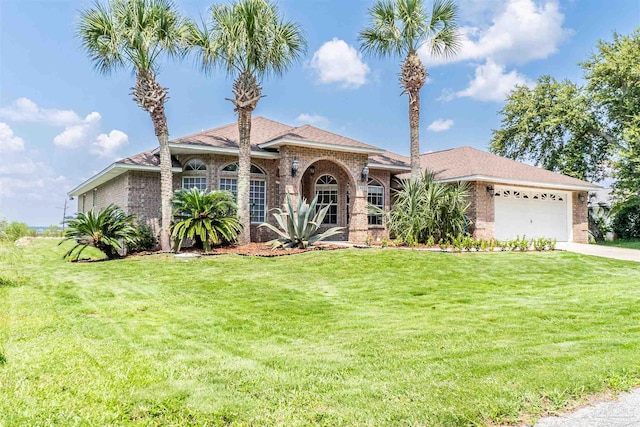 ranch-style home with a front lawn and a garage