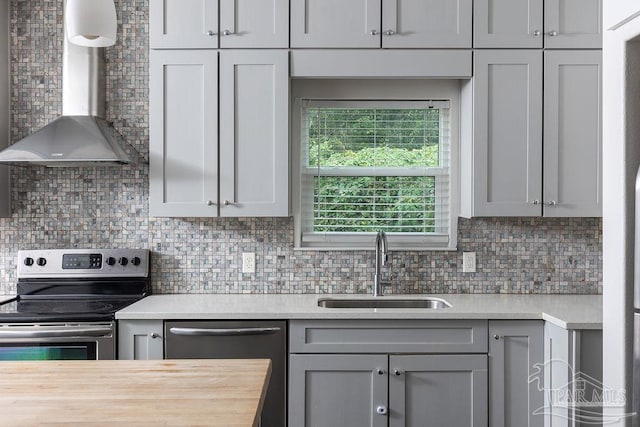 kitchen featuring wall chimney range hood, stainless steel appliances, backsplash, sink, and gray cabinets